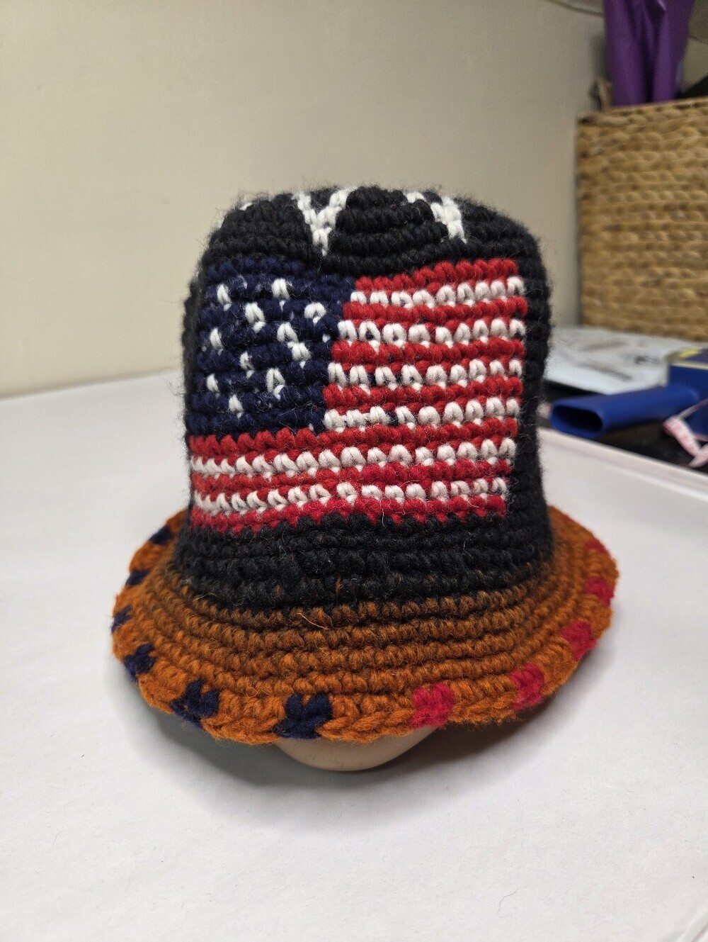SisanDina Ecuador 100% Wool‎ Handmade Crochet Bucket Hat American Flag Patriotic
